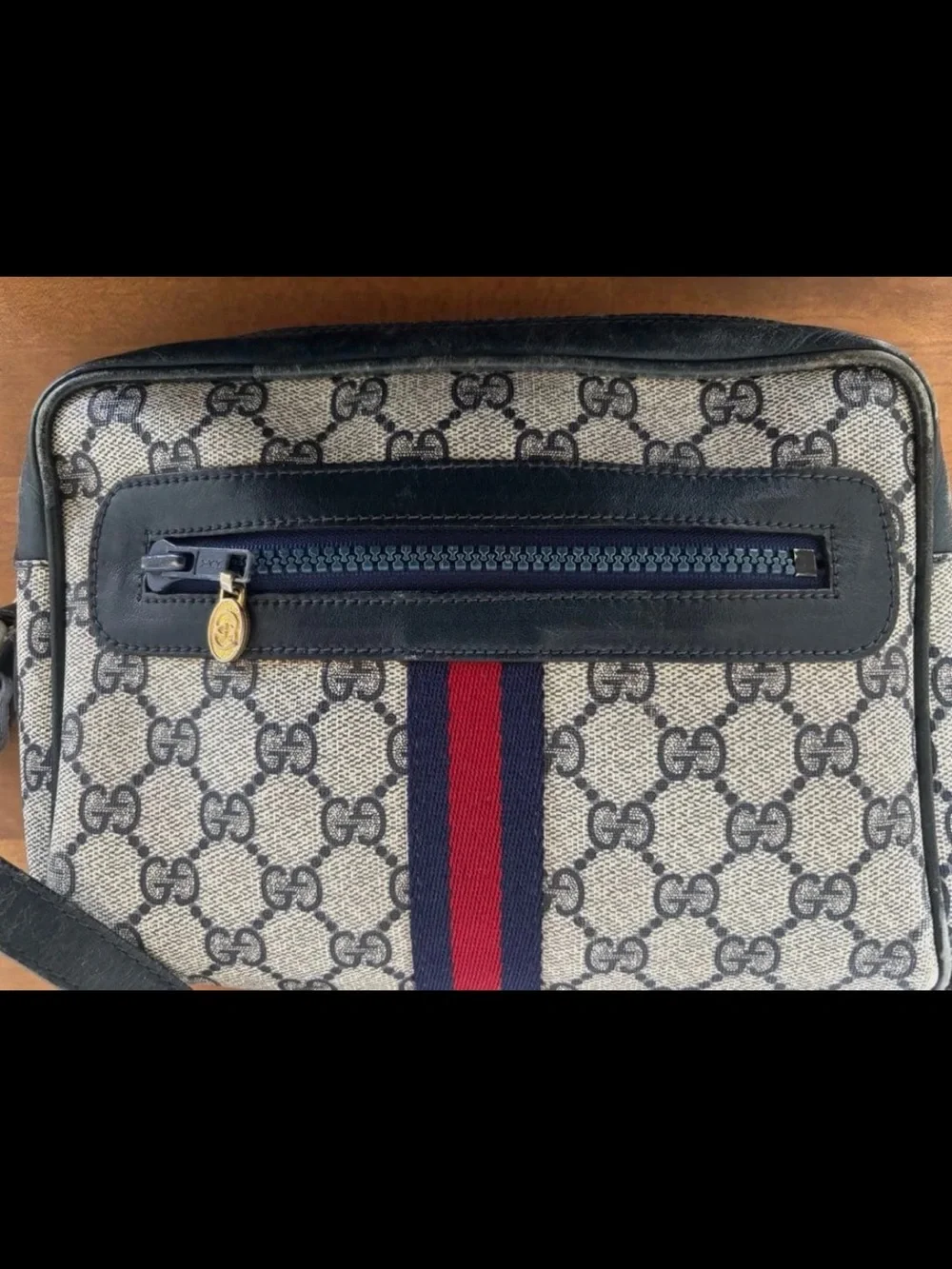 Gucci Beige Monogram Crossbody with Navy-Red Stripe